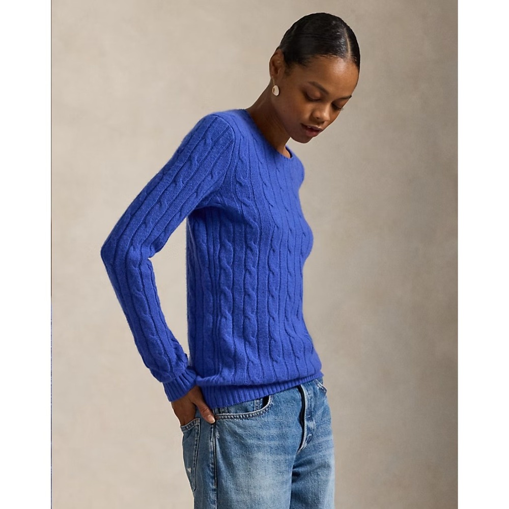 Polo Ralph Lauren 100% Cashmere Cable Knit Sweater Size M Blue Crewneck Preppy